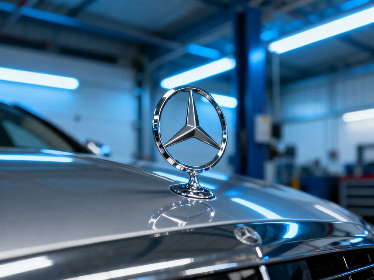 Lśniące logo Mercedes-Benz na tle nowoczesnego, profesjonalnego warsztatu samochodowego.