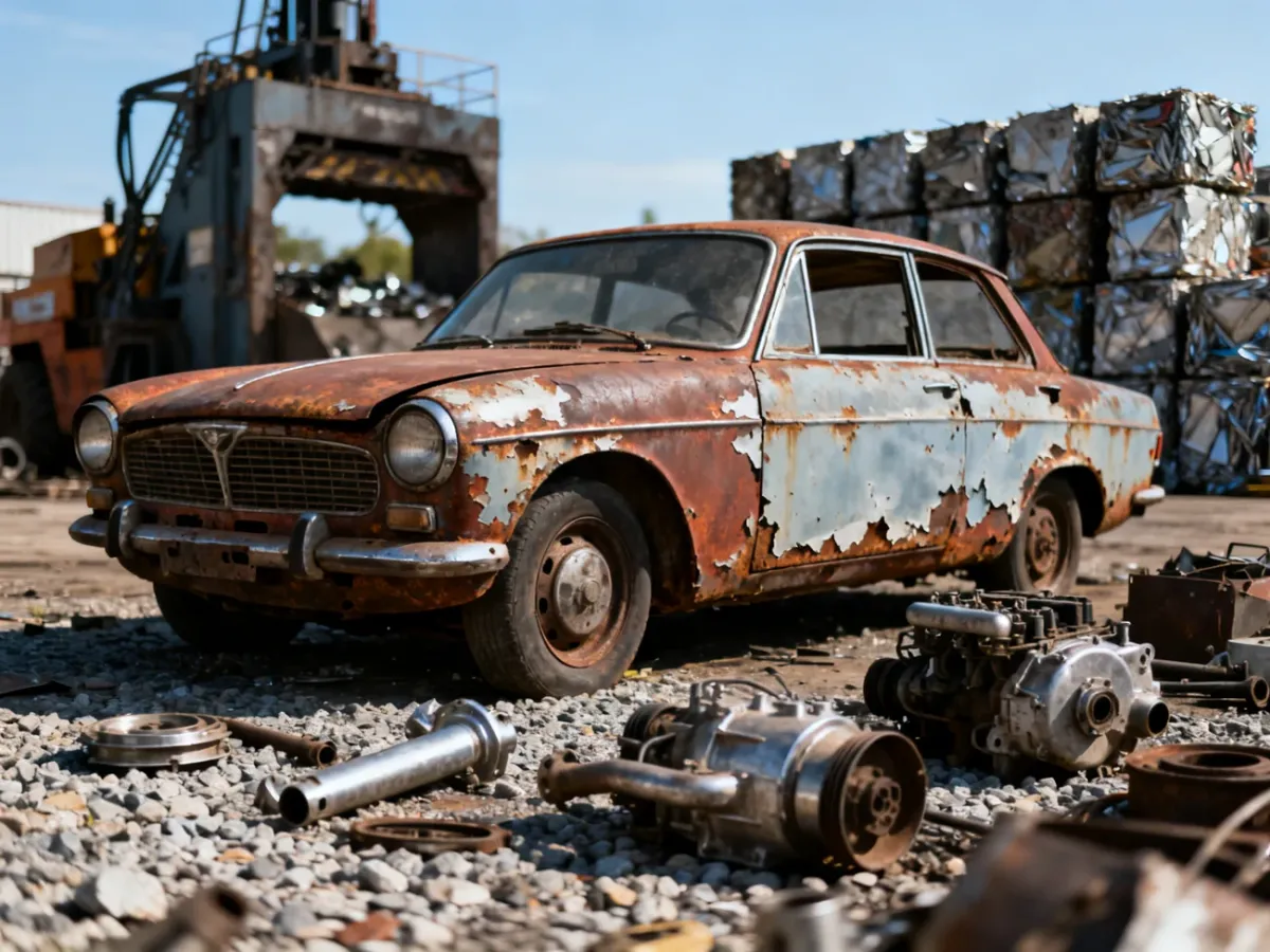 Zardzewiały wrak samochodu na złomowisku, przygotowywany do procesu recyklingu i utylizacji.
